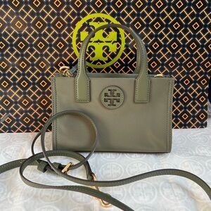 Tory Burch Ella Nylon Mini Tote Bag Crossbody Palm Leaf Gold Green